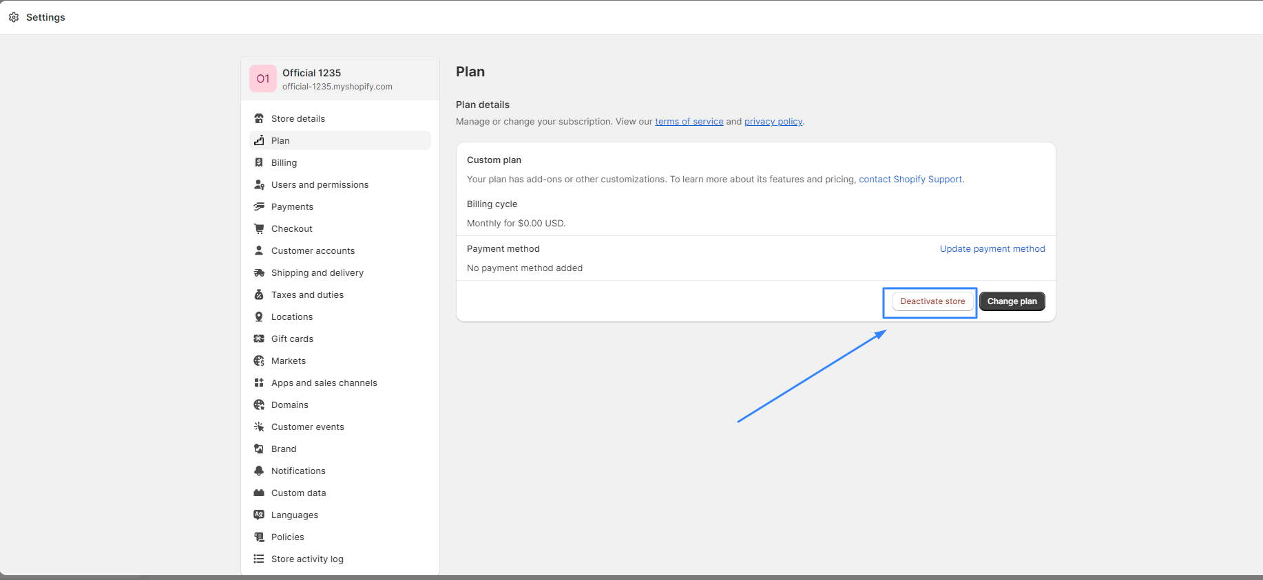 Click the “Deactivate store” button.